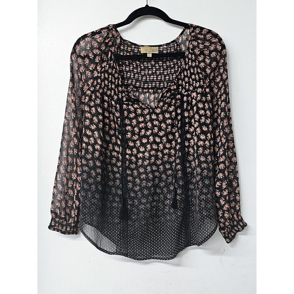 VERA WANG Princess Black Floral Sheer Long Sleeve Women Shirt (S)